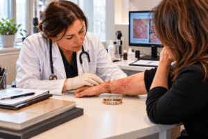 Niye Doktor Oldun – metal bilezik alerjisi nedeniyle kolunda yara oluşan hastayı muayene eden dermatolog